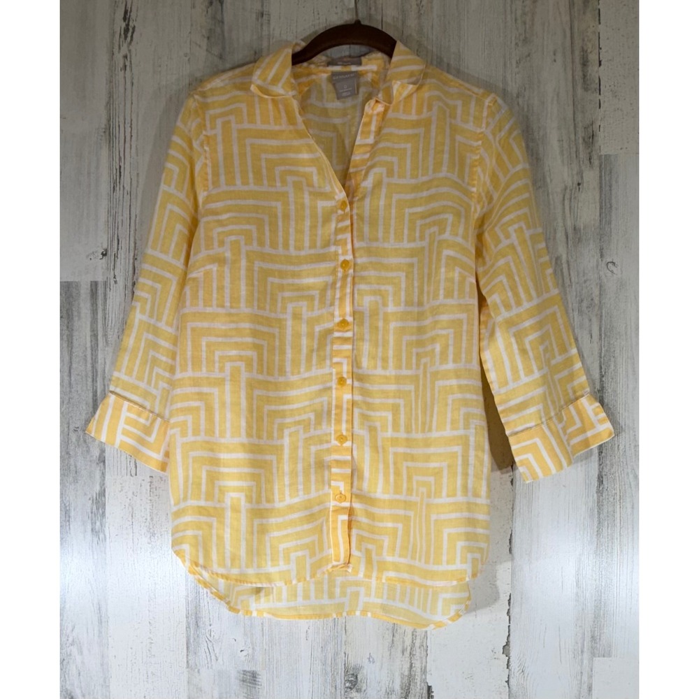 Chicos‎ Linen Button Down Shirt 0 or Small Yellow Geometric No Iron 3/4 Sleeve